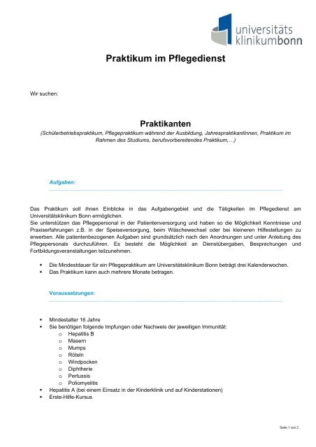 Praktikum im Pflegedienst - Universitätsklinikum Bonn