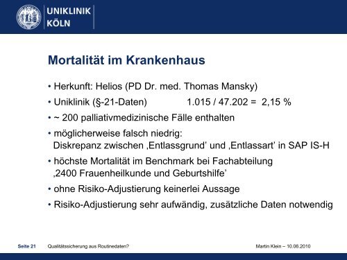 Qualitätssicherung aus Routinedaten? - Uniklinik Köln