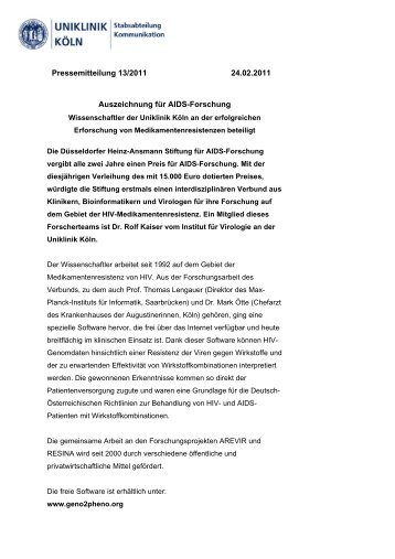 Pressemitteilung 13/2011 24.02.2011 Auszeichnung ... - Uniklinik Köln