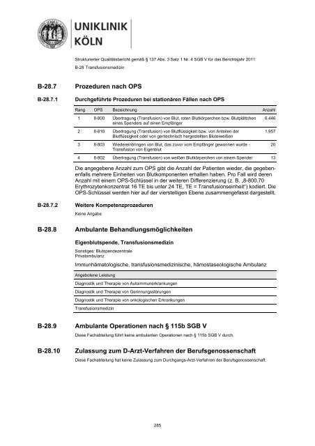 Uniklinik Köln - Strukturierter Qualitätsbericht 2011