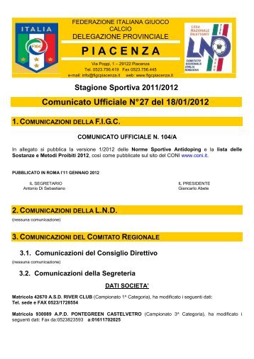 3.2. Comunicazioni della Segreteria - F.I.G.C - Piacenza