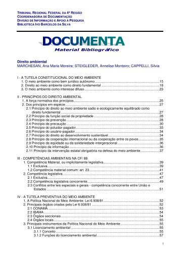 Material Bibliográfico Direito ambiental MARCHESAN, Ana Maria ...