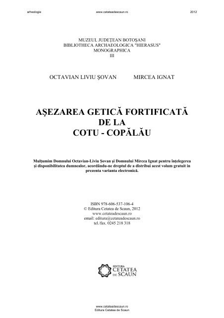 Asezarea getica fortificata de la Cotu Copalau - Editura Cetatea de ...