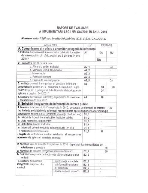Raport Activitate Legea 544 2001 Pentru Anul 2010 Ansvsa