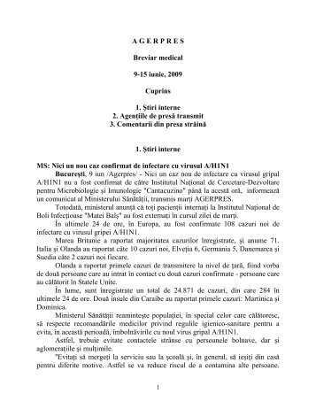 AGERPRES Breviar medical 9-15 iunie, 2009 Cuprins 1. Ştiri interne ...