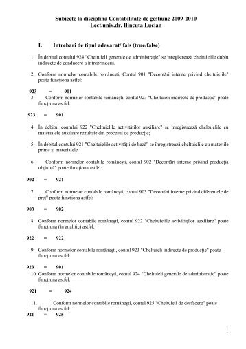 Subiecte la disciplina Contabilitate de gestiune ... - Grile Spiru Haret