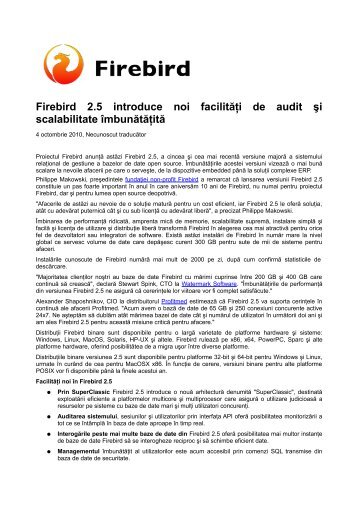 Firebird 2.5 introduce noi facilităţi de audit şi scalabilitate îmbunătăţită