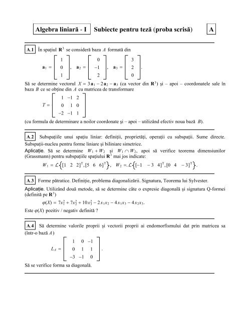 Algebra liniară - I Subiecte pentru teză (proba scrisă) A