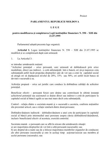 Proiect de Lege pentru modificarea si completarea legii nr. 550