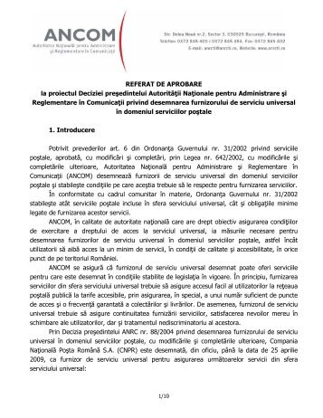 REFERAT DE APROBARE la proiectul Deciziei ... - Ancom
