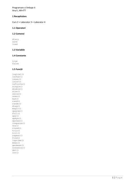 Page Programare si limbaje II Anul I, AR+ITT 1 Recapitulare Curs 2 ...