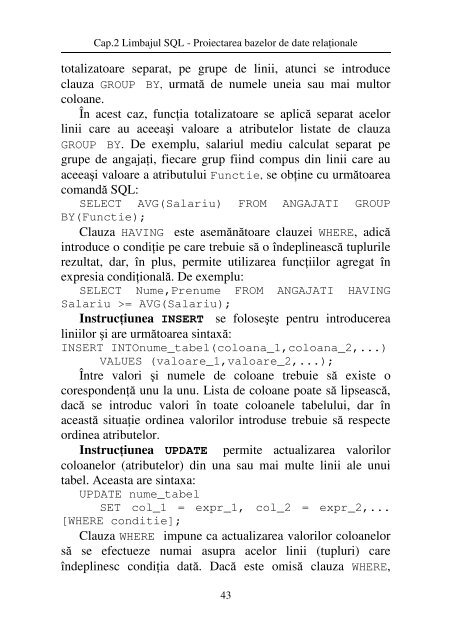 CAPITOLUL 2 LIMBAJUL SQL – PROIECTAREA BAZELOR DE ...