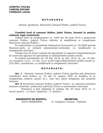 Hotararea privind aprobarea Statutului comunei Nufaru, judetul Tulcea