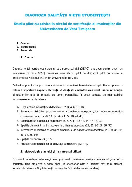 Raport Diagnoza calităţii vietii studenţeşti - FEAA