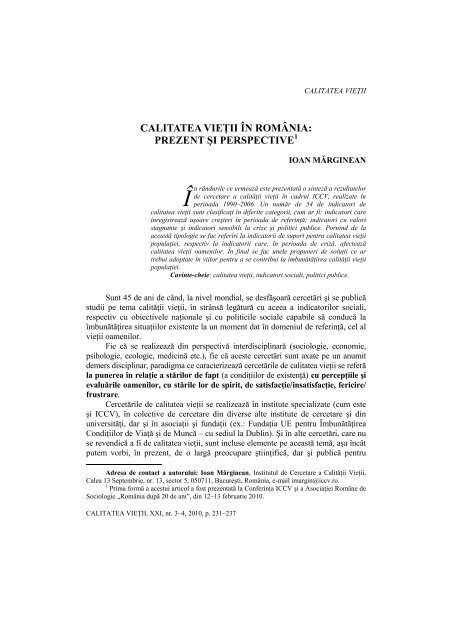 calitatea vieţii în românia - Revista Calitatea Vietii