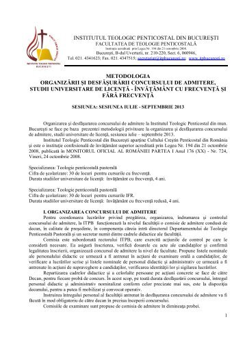 Metodologie admitere 2013 - Institutul Teologic Penticostal Bucuresti