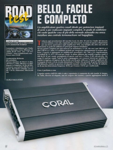 coral xta 408 amplificatore quattro canali con ... - Coral Electronic