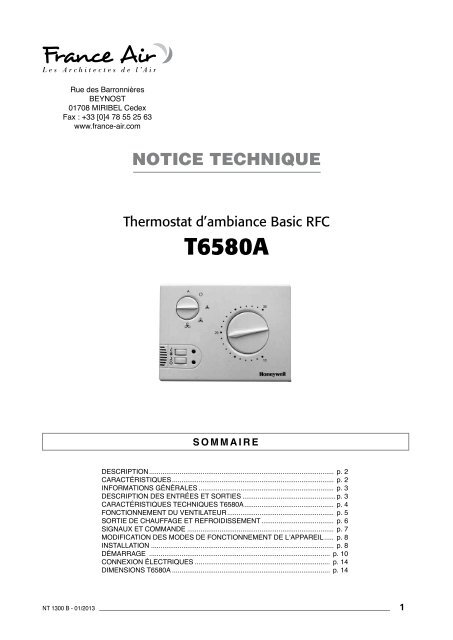 Thermostat T6580A Notice Technique - France Air