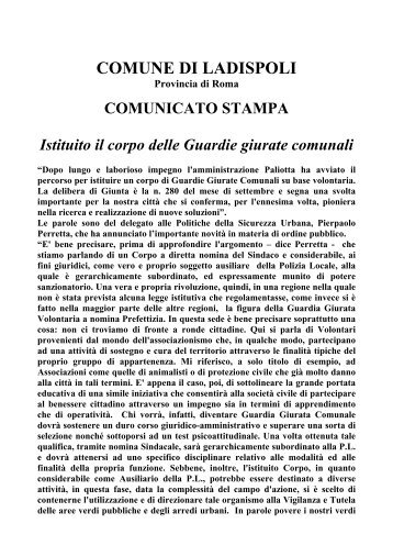 Istituito il corpo delle Guardie giurate comunali - Comune di Ladispoli