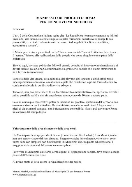 manifesto di progetto roma per un nuovo municipio ix - Matteo Marini