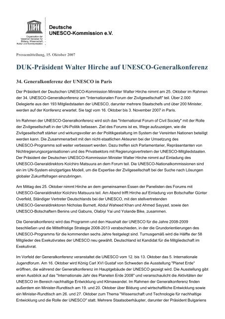 DUK-Präsident Walter Hirche auf UNESCO-Generalkonferenz