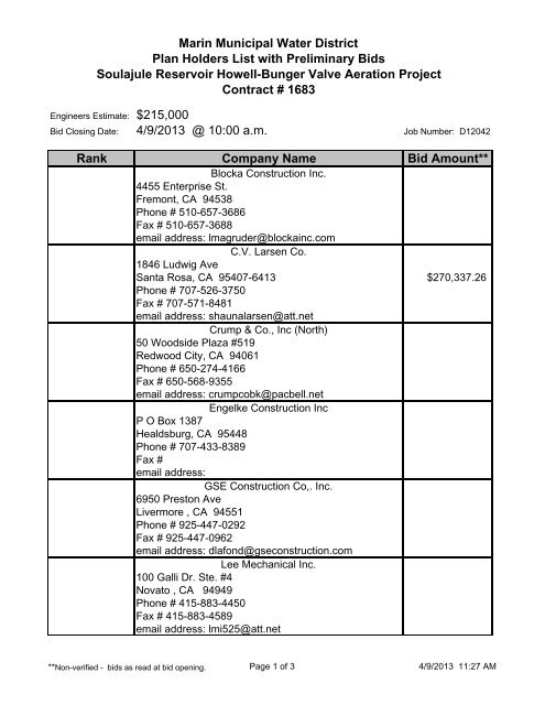 Plan Holders List with Preliminary Bids - Marin Municipal Water District