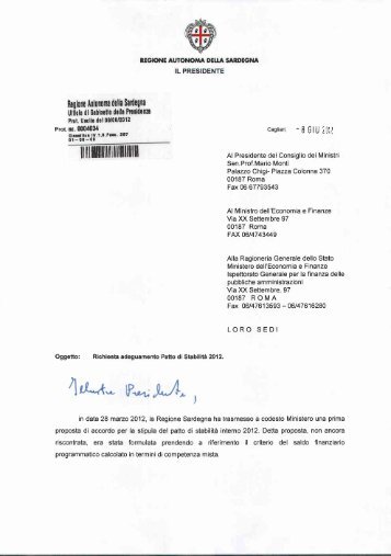 La lettera al Presidente del Consiglio - Regione Autonoma della ...