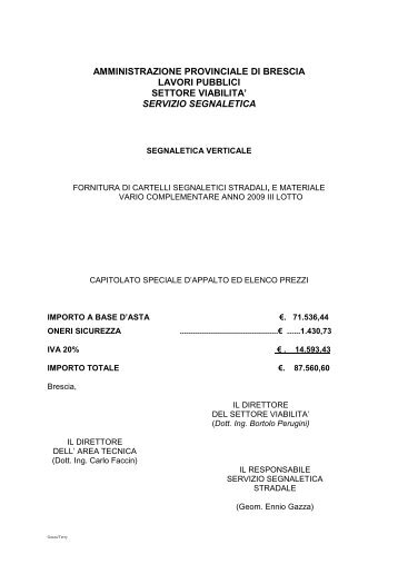 Capitolato fornitura cartelli III devoluzione 2009 - Provincia di Brescia