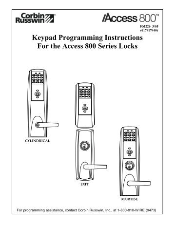 Keypad Programming Instructions For the Access 800 Series Locks