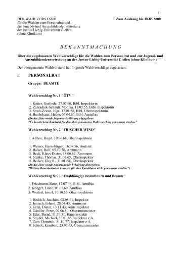 B E K A N N T M A C H U N G - Justus-Liebig-Universität Gießen