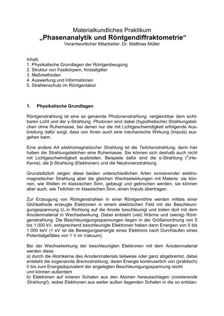 Anleitung Praktikum Röntgenpulverdiffraktometrie (Dr. Müller)