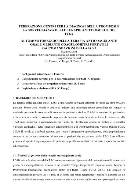 Raccomandazioni FCSA Coagulometri Portatili
