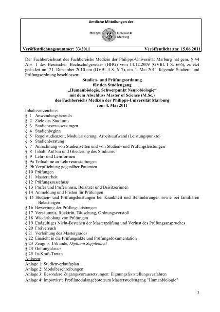 Humanbiologie Schwerpunkt Neurobiologie Uni Marburg