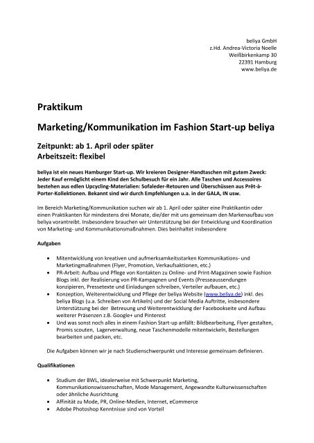 Praktikum Marketing/Kommunikation im Fashion Start-up beliya