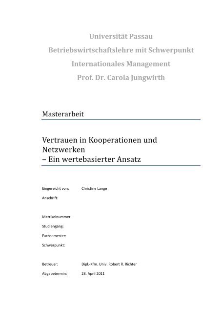 Vertrauen in Kooperationen und Netzwerken - Universität Passau