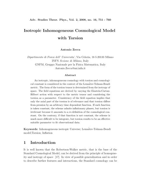 Isotropic Inhomogeneous Cosmological Model with Torsion 1 ...