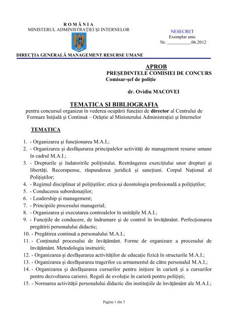 TEMATICA ŞI BIBLIOGRAFIA - Ministerul Administraţiei şi Internelor