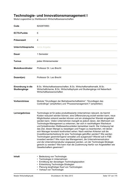 Modulhandbuch Master Wirtschaftsphysik - Universität Ulm