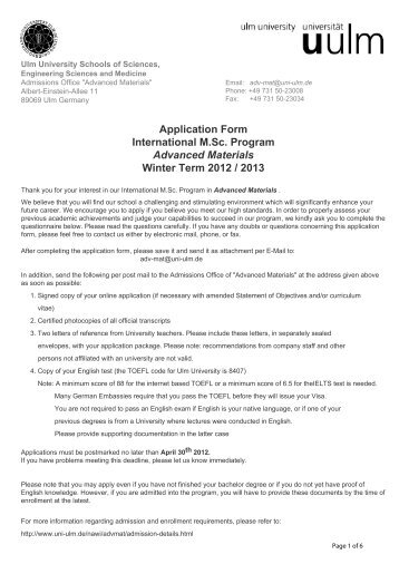 Application Form International M.Sc. Program Advanced Materials ...