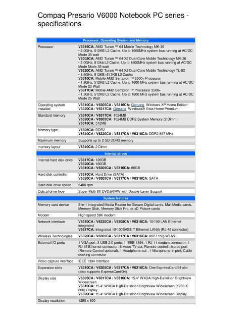 Compaq Presario V6000 Notebook PC series - specifications