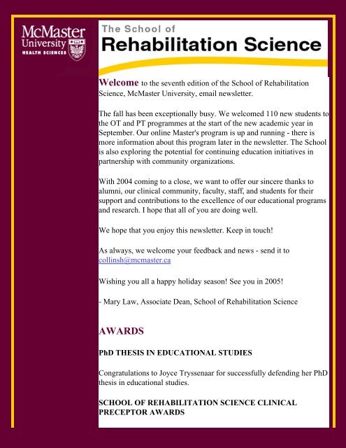 SRS Newsletter #7 - Faculty of Health Sciences - McMaster University