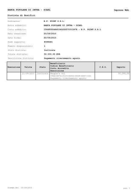 Distinta Di Bonifici Banca Popolare Di Intra Scarl Impresa