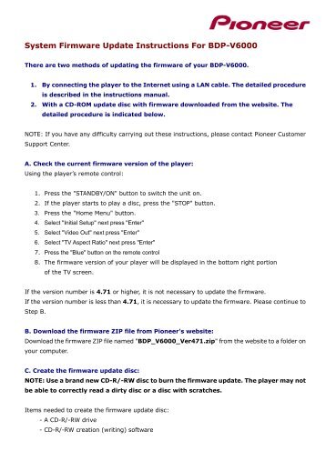 System Firmware Update Instructions For BDP-V6000 - Pioneer