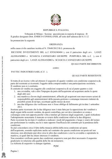 Pagina 1 REPUBBLICA ITALIANA Tribunale di Milano - Sezione ...