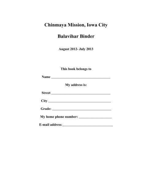 Chinmaya Mission Iowa City Balavihar Binder