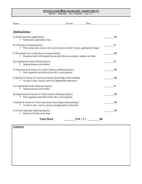 annotated bibliography assignment - Earl Haig Secondary School