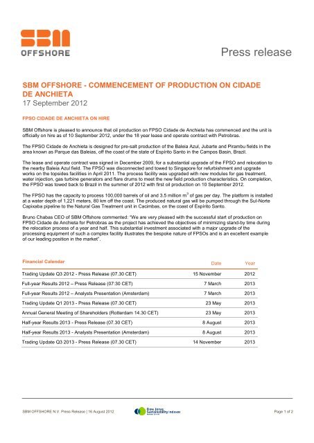 On hire FPSO Cdde Anchieta - SBM Offshore