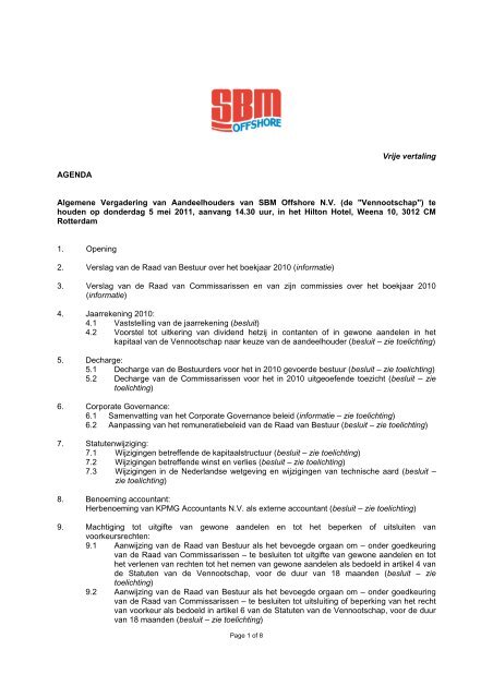 Vrije vertaling AGENDA Algemene Vergadering van ... - SBM Offshore