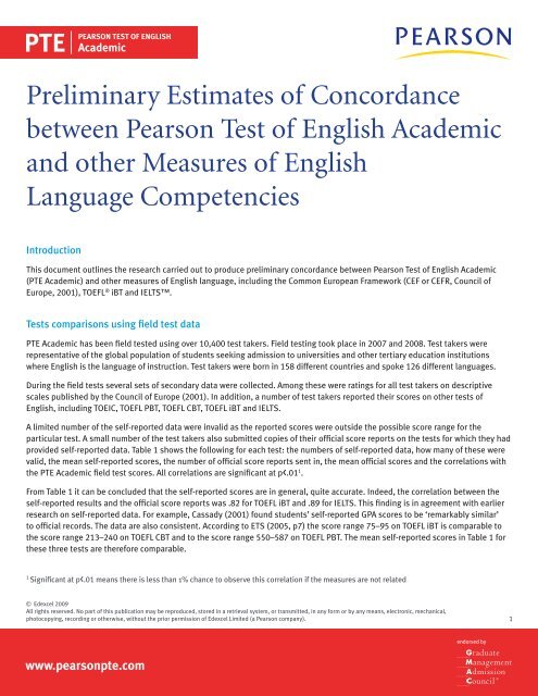 Preliminary Estimates of Concordance between Pearson Test of ...