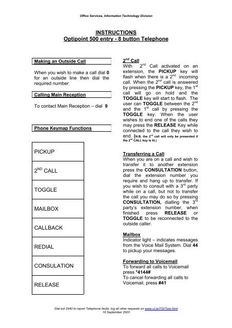 INSTRUCTIONS Optipoint 500 entry - 8 button Telephone PICKUP ...